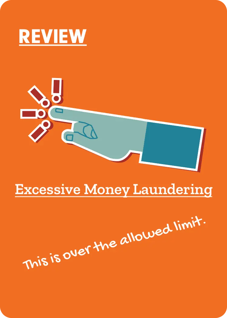 Excessive Money Laundering Cubicle Review card reading this is over the allowed limit