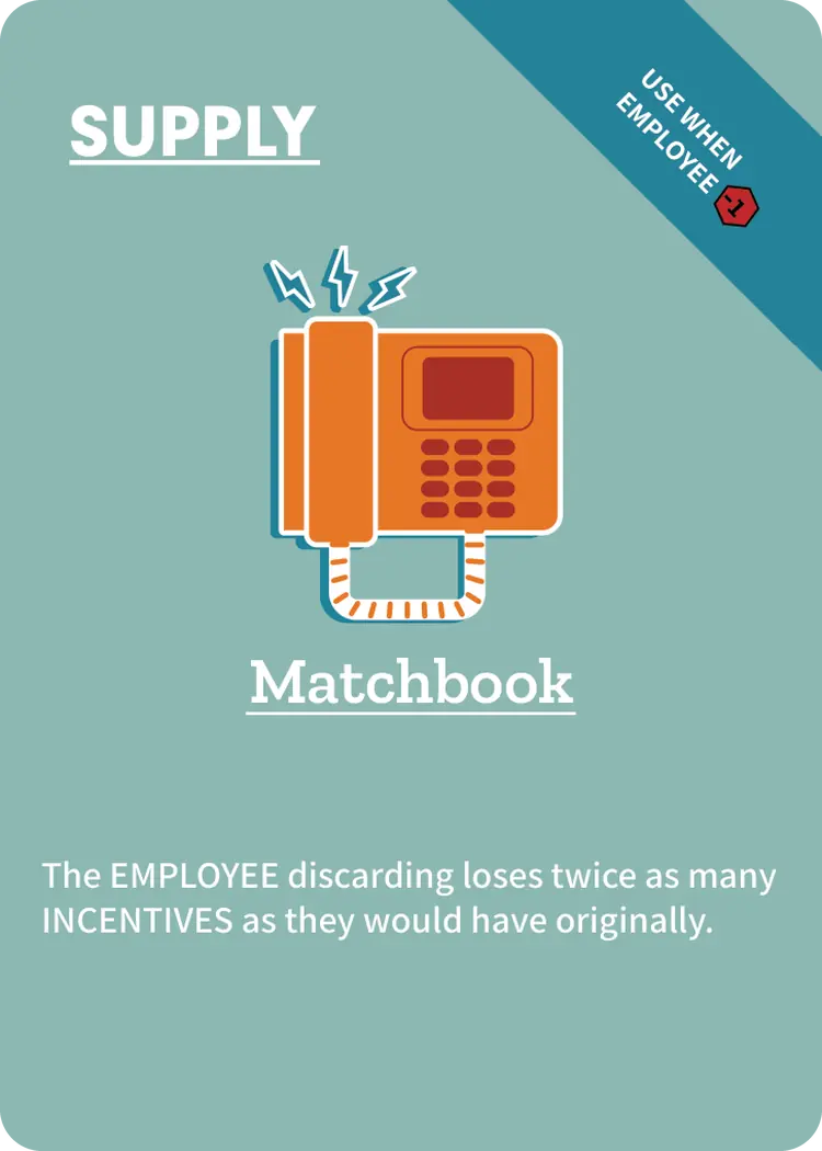 Matchbook Cubicle card: a Supply card with a ringing desk phone and a diagonal Use when Employee -1 banner