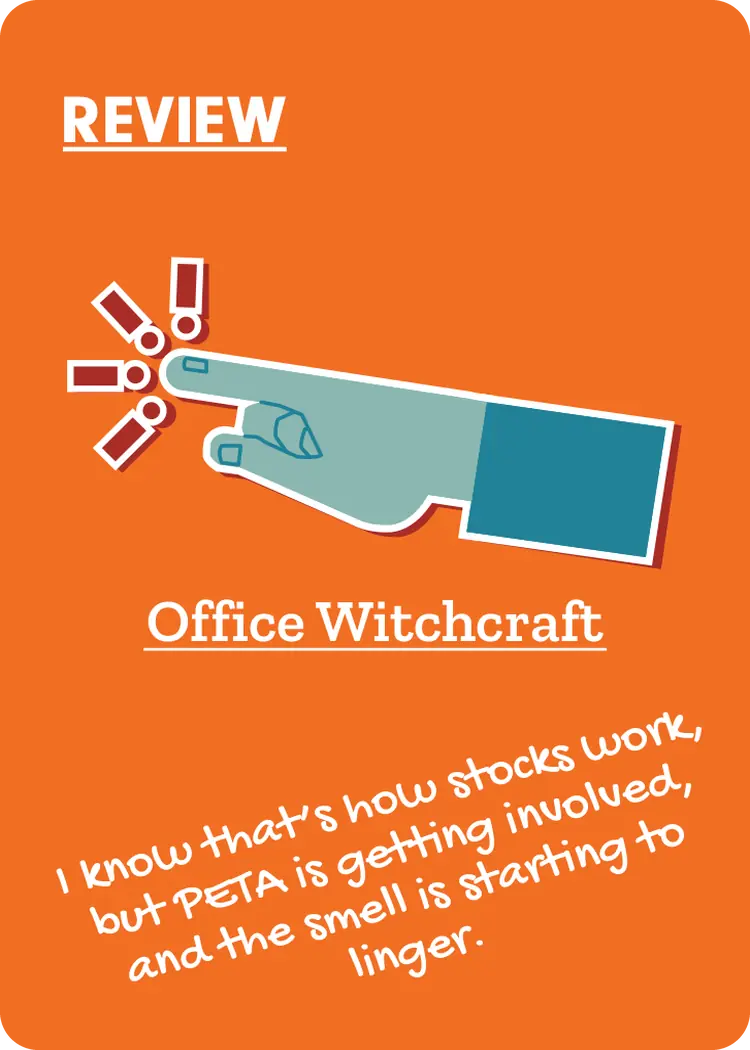 Office Witchcraft Cubicle Review card: an accusing hand pointing at falling exclamation marks